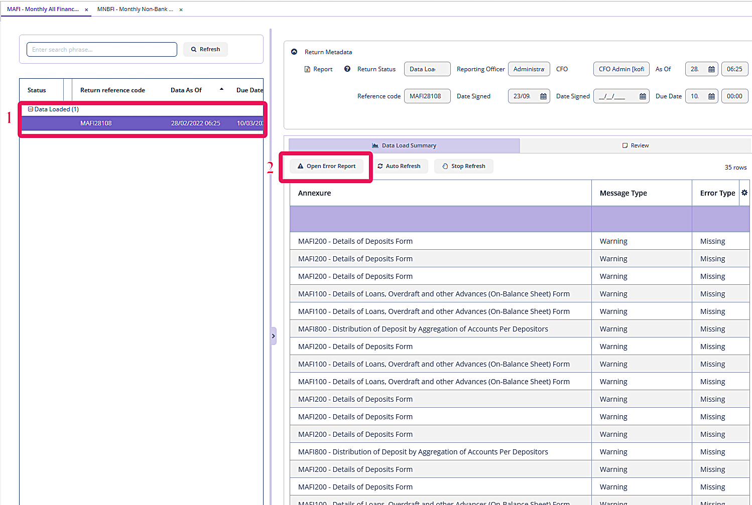 Load validation screen
