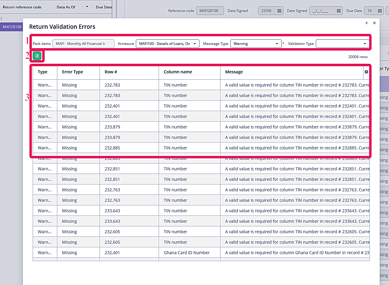 Return validation screen
