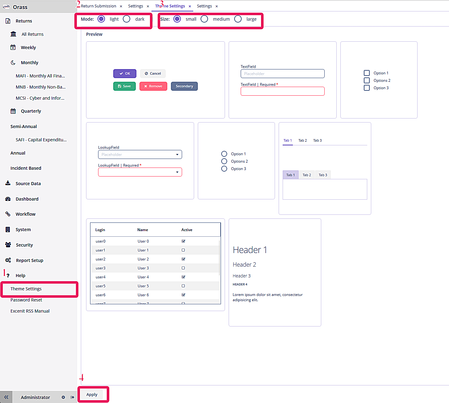 Changing theme settings